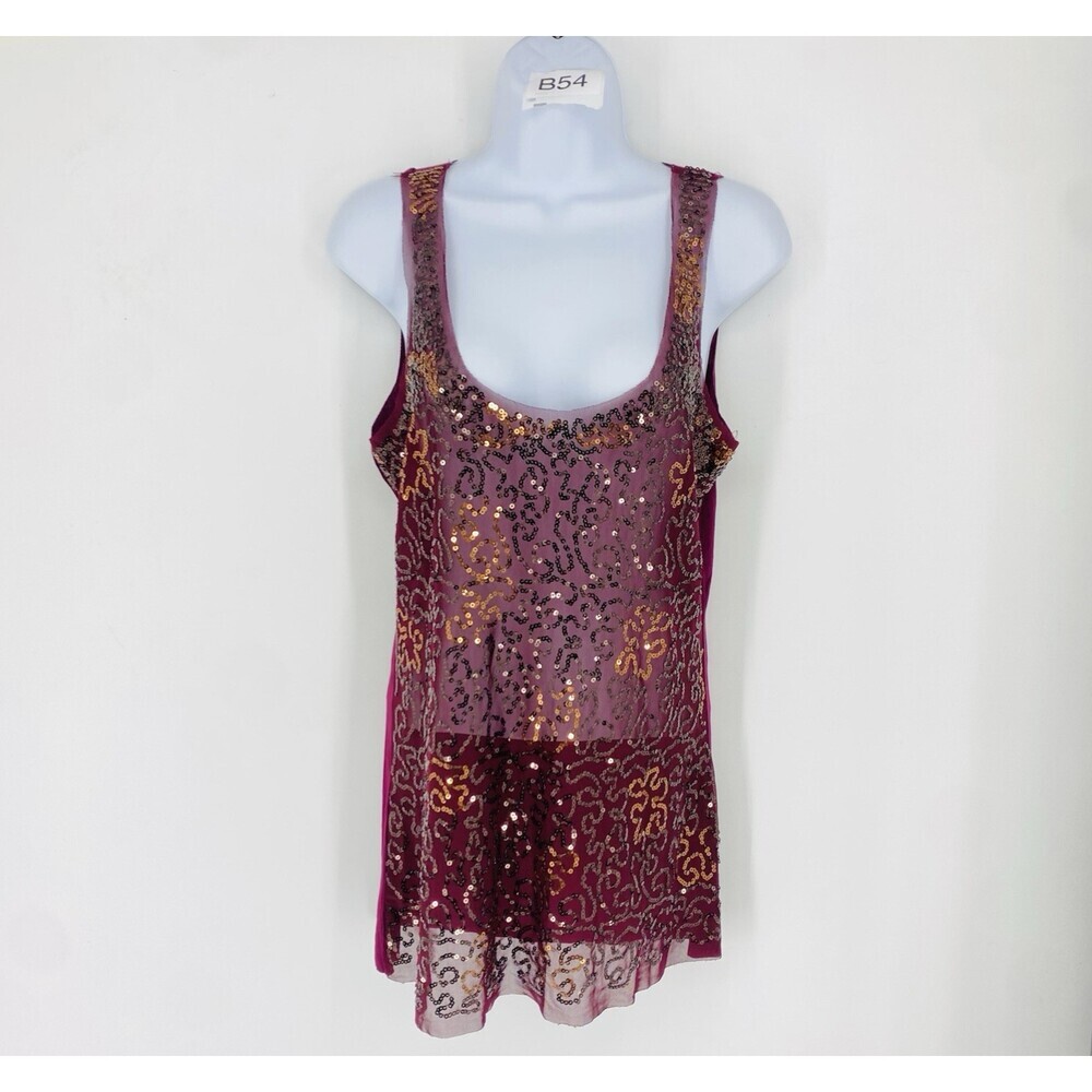Y2K BKE Buckle Sequin Mesh Tank Top Large Wine Mermaid Clubwear Going Out Top